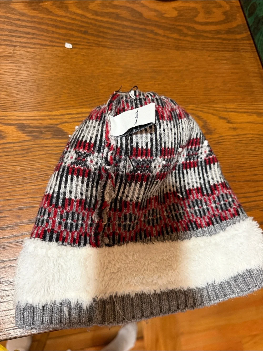VERA BRADLEY Pom-Pom Knit Beanie - Gray with Red & Black Pattern